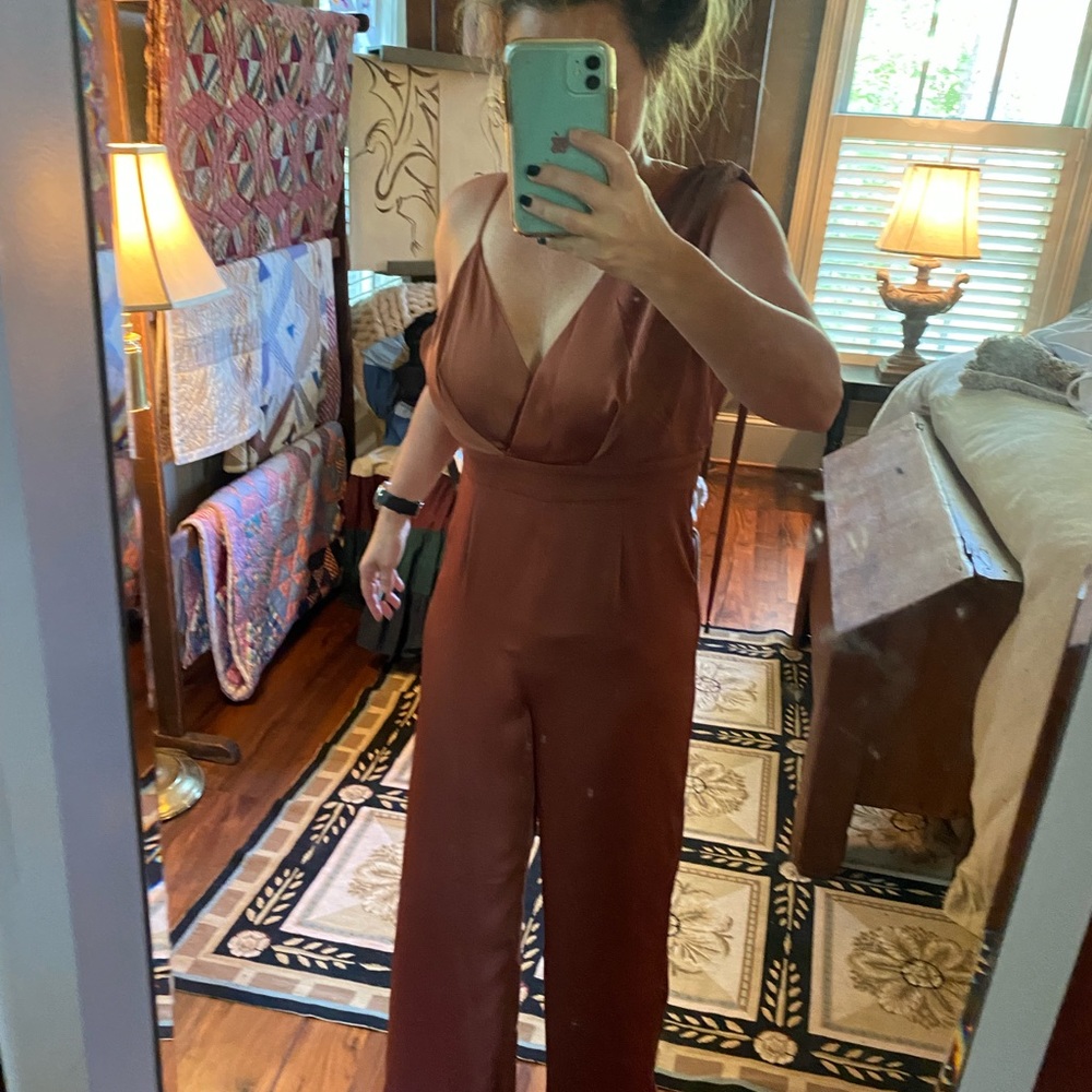 Lulu’s Satin Pink Look of Luce Rusty Rose Jumpsuit - Picture 10 of 11